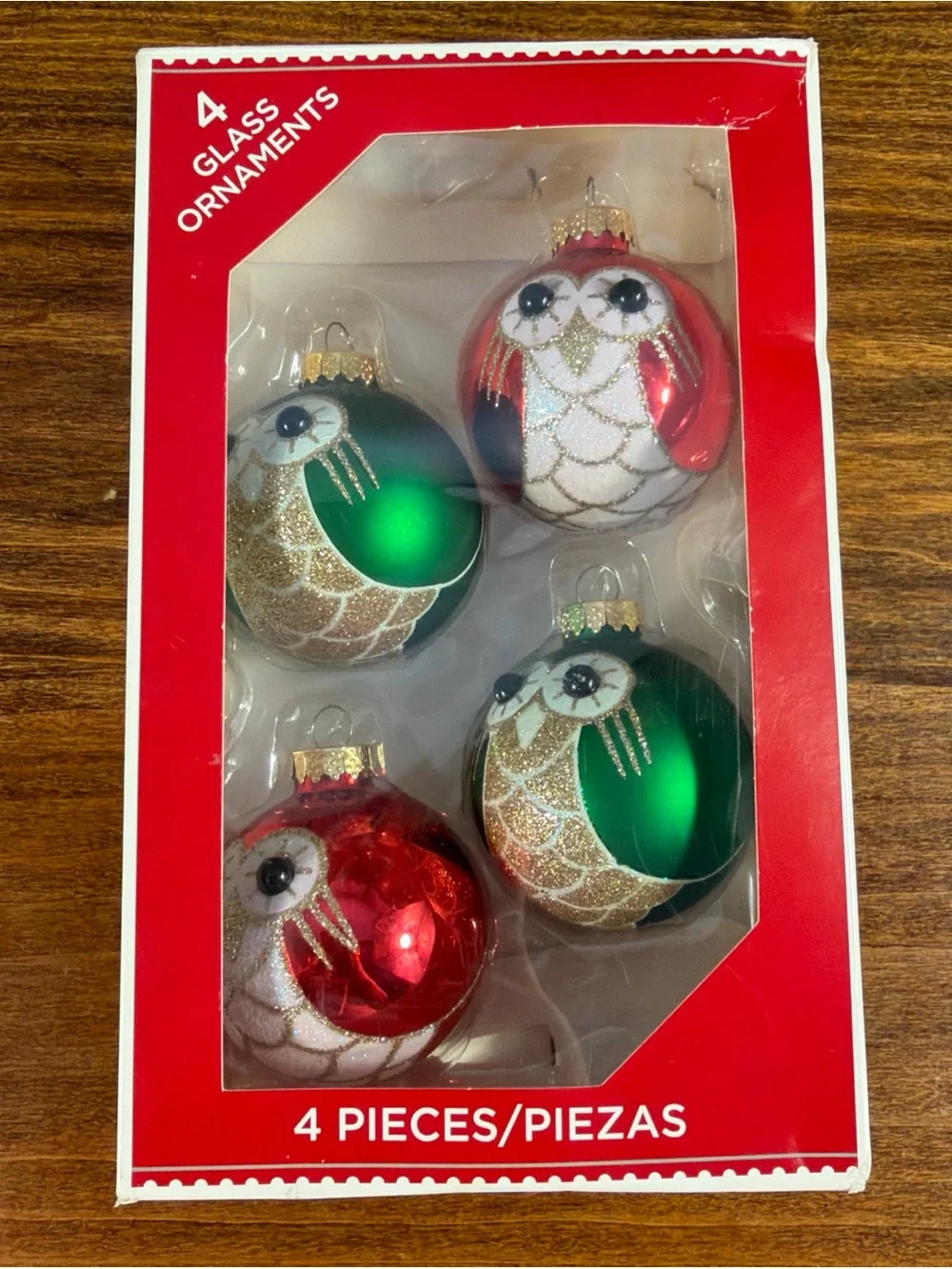 Holiday Time Red and Green Owl Glass Ornament Set
